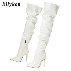Pleated Patent Leather Motorcycle Over The Knee Pointed Toe Zip Thigh High boots