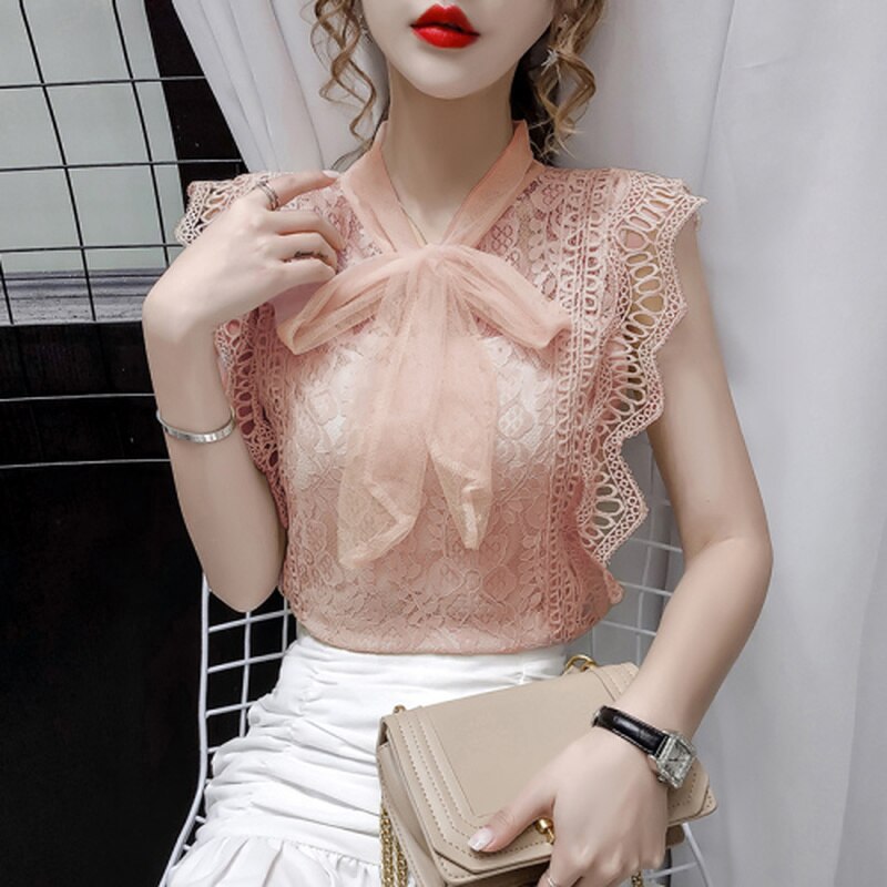 Solid Hollow Out Shirt Korean Fashion Clothing Vintage Sleeveless 2022 Womens Tops and Blouses Lace Patchwork Blusas 9811