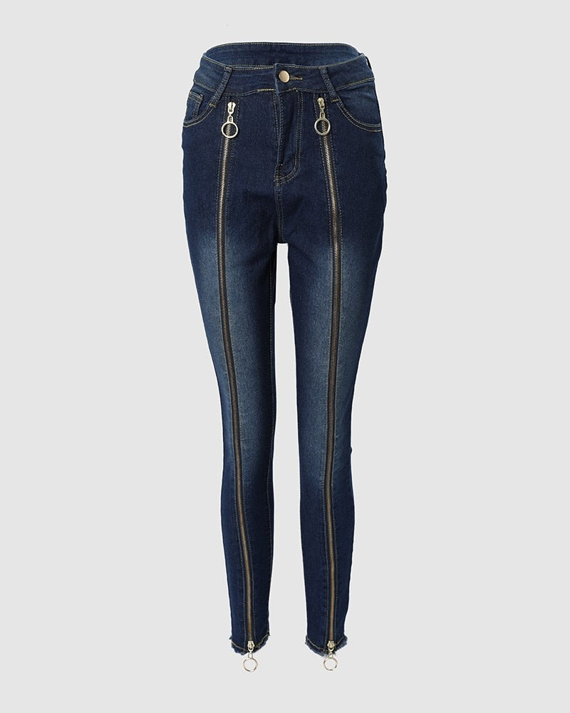 Women High Waist Slim Fashion Sexy O-Ring Zipper Decor Skinny Jeans Casual Pencil Pants Jeans Denim Leggings