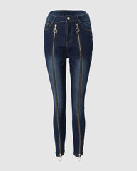 Women High Waist Slim Fashion Sexy O-Ring Zipper Decor Skinny Jeans Casual Pencil Pants Jeans Denim Leggings