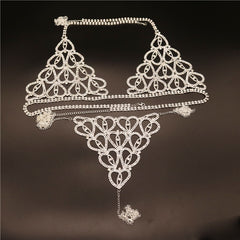 Heart Crystal Bikini Body Chain Harness Rhinestone Bra and Thong Set