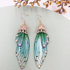 Handmade Butterfly Wing Drop Earrings with Foil Rhinestones