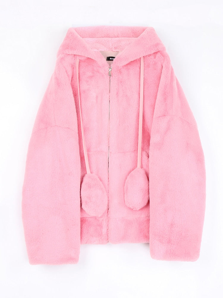 Nerazzurri Spring fluffy jacket with rabbit ears raglan sleeve zipper Oversize light soft harajuku kawaii faux fur hoodie 2021