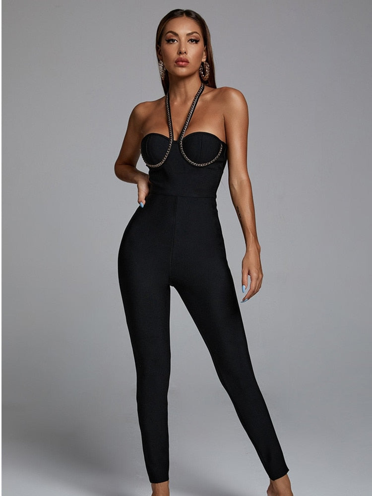 High Quality Black Color Ladies Sexy Halter Bodycon Long Jumpsuit Rayon Bandage Elegant Evening Party Wear Jumpsuit