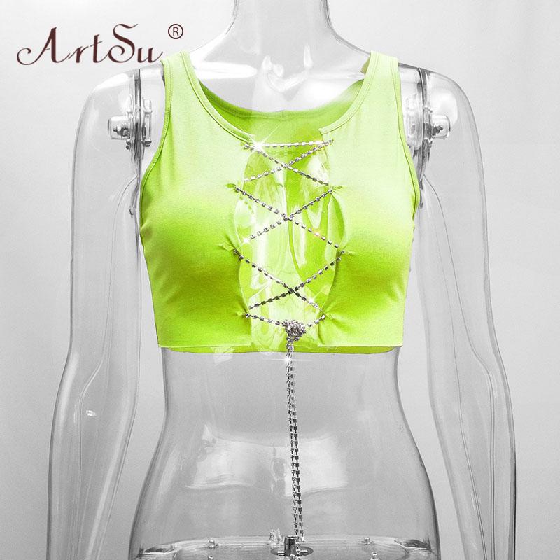 ArtSu Red Black White Metal Chain Sleeveless Crop Top Sexy Clubwear Women Adjustable Lace Up Hollow Out Tank Tops Tees Camisole