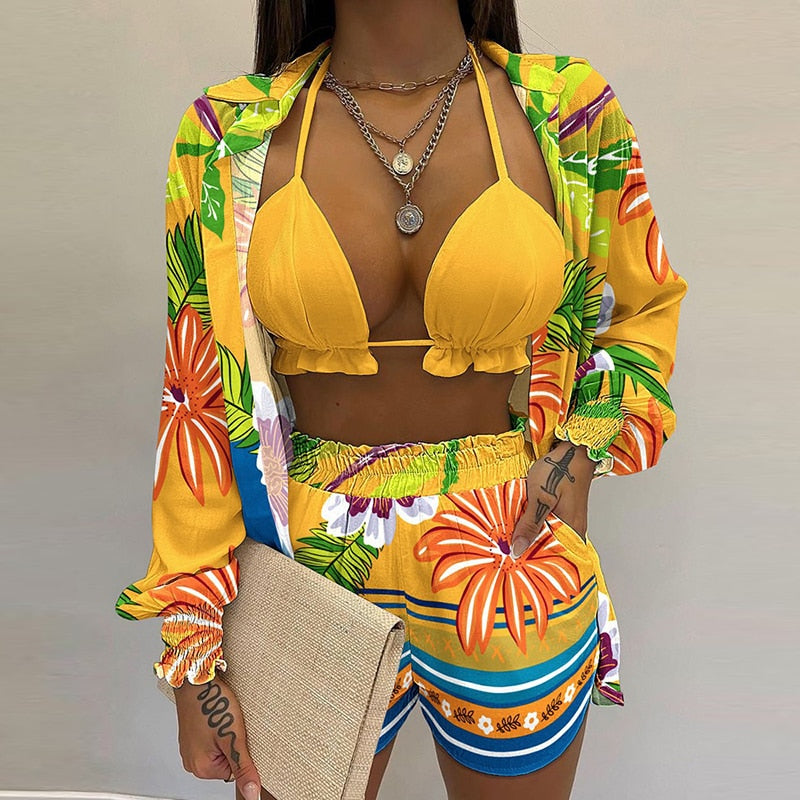 Lantern Sleeve Shirt &amp; Pocket Design Shorts Sets With Frill Hem Crop Top Secondary image