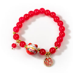 Contracted Red Beads Ceramic Bracelet Hand Woven Rope Beaded Plutus Cat Stretch Bracelet #Z684