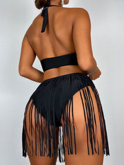One Piece Swimsuit Solid Black Fringed Bathing Suit