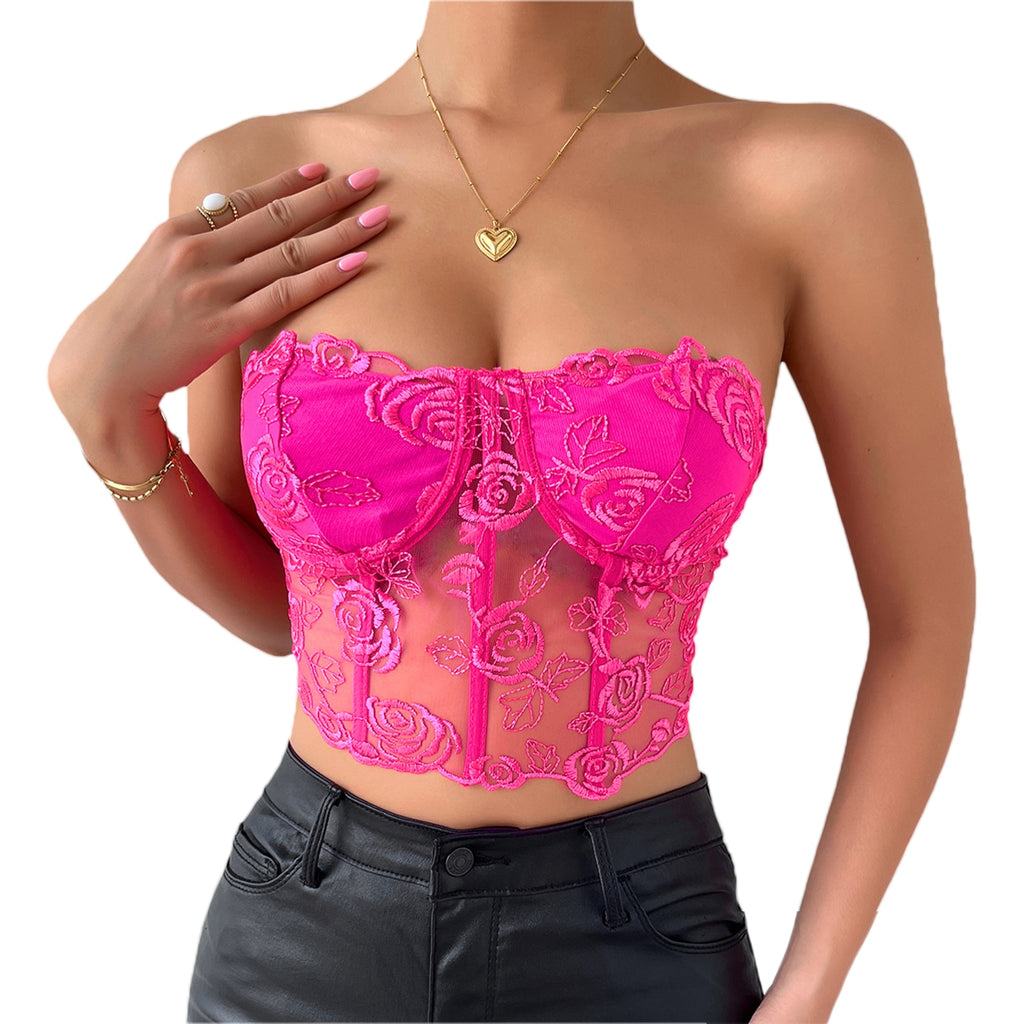 Women's Tube Top Camisole Adult Solid Color Lace Hollow-Out Sleeveless Backless Spaghetti Strap Crop Tops Summer Camis