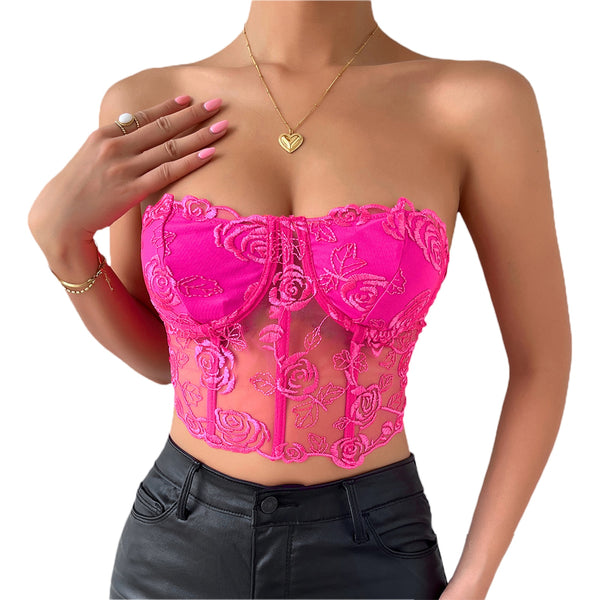 Women's Tube Top Camisole Adult Solid Color Lace Hollow-Out Sleeveless Backless Spaghetti Strap Crop Tops Summer Camis