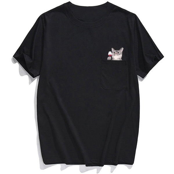 Animal T-Shirt Pocket Cat Stickers Printed T-shirt Tops Funny Cotton Tees