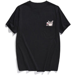 Animal T-Shirt Pocket Cat Stickers Printed T-shirt Tops Funny Cotton Tees