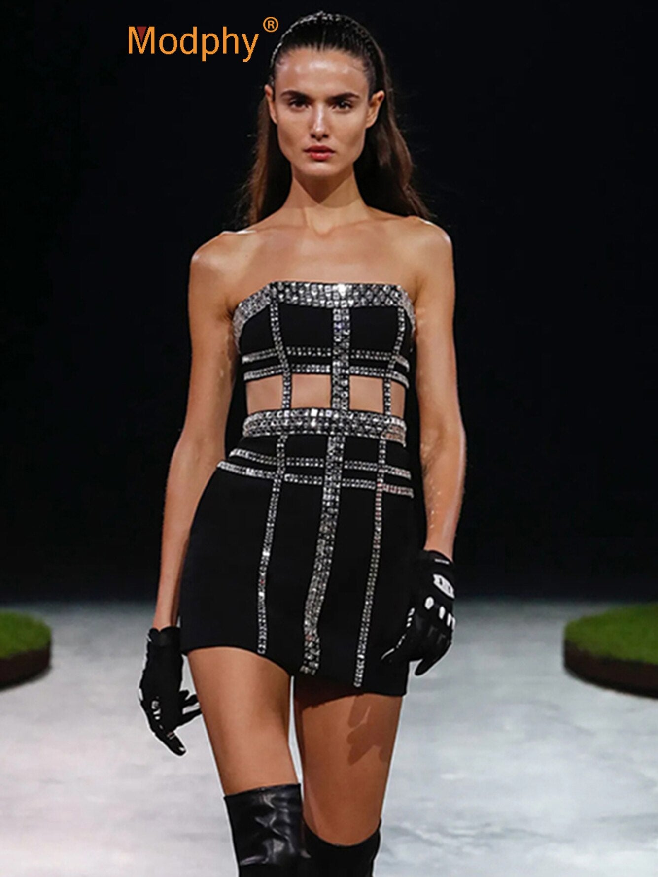 High Quality Elegant Black Crystal Bandage Dress For Women Sleeveless Tube Top Beaded Bodycon Sexy Mini Dresses Club Party Dress