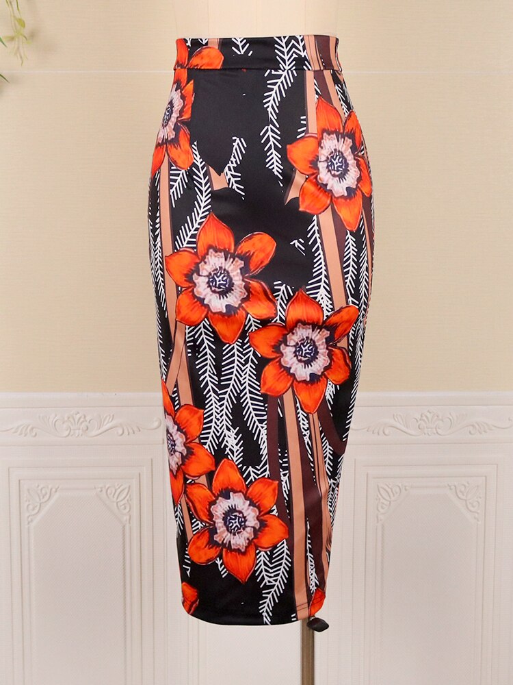 Women Print Party Skirt High Waist Floral Vintage Bocydon Slim Office Ladies Elegant Classy African Slim Fit Event Summer Jupes