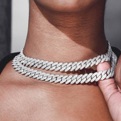 Silver Color Rhinestones Prong Miami Cuban Link Chain Necklace