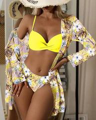 Floral Print Bikini Set - Low Waist Twist Swimsuit Long Sleeve Cover Up Three Pieces Beach Bathing Suit