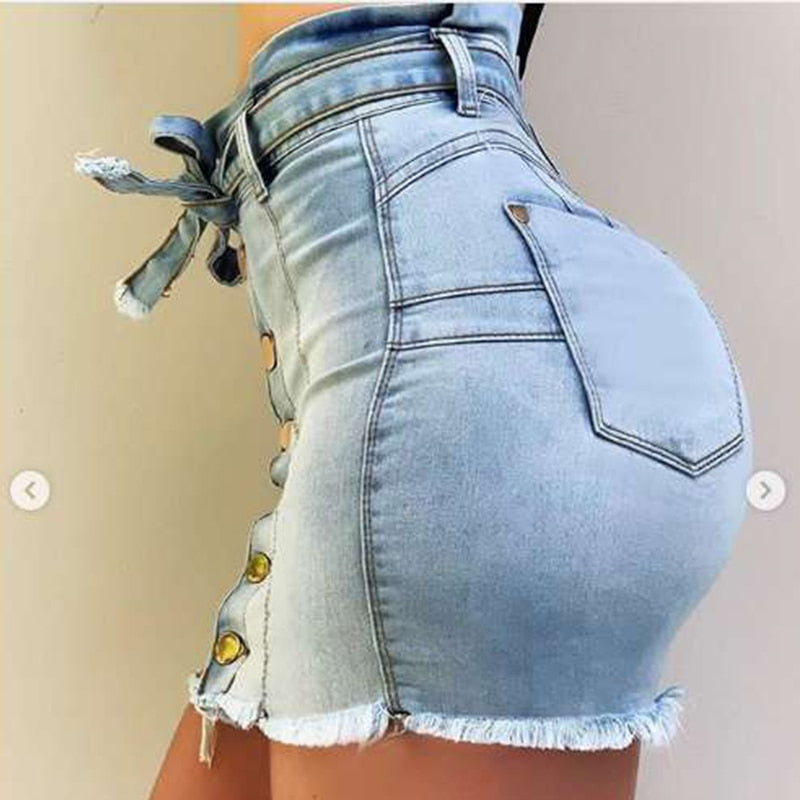 High Waist High Elastic Lace Up Denim Skirt Women Summer Single Breast Worn Blue Mini Skirts Sexy Package Hip Tassel Jeans Skirt