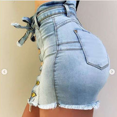 High Waist High Elastic Lace Up Denim Skirt Women Summer Single Breast Worn Blue Mini Skirts Sexy Package Hip Tassel Jeans Skirt