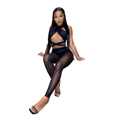 Sexy Hot Nightclub Women Cross Halter Mesh Outfits Women Bodysuits