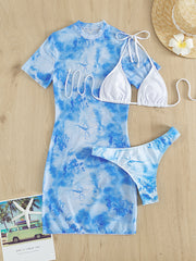 Slit Cuff Plunge Neck Three Pieces Bikini Set with Cover Up Plain Swimsuit