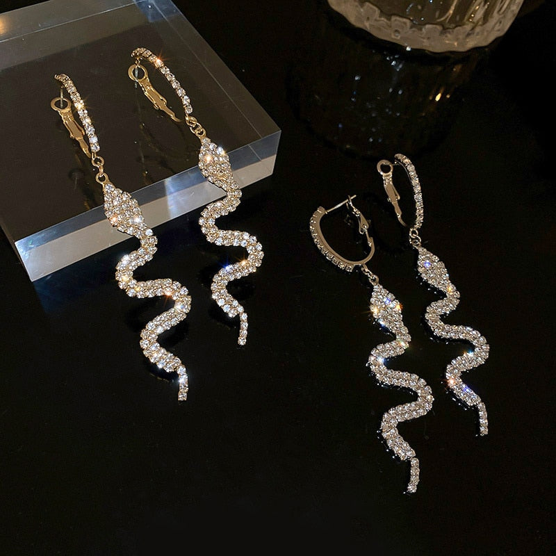 Long Tassel Rhinestone Drop Earrings - Snake Shape Crystal Dangle Earrings