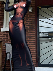 Kliou Y2K 3D Body Print Maxi Dress Women Aesthetic Long Sleeve Unique Sexy Body-Shaping Attirewear Robe Party Clubwear Clothing