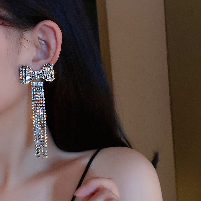 Evangeline Bow Tassel Crystal Earrings