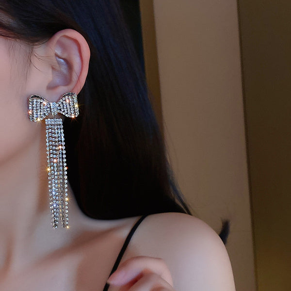 Evangeline Bow Tassel Crystal Earrings