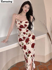 Summer Elegant Vintage Midi Spaghetti Strap Rose Dress For Women Maxi Fashion One Piece Bodycon Beach Party Robe Vestidos