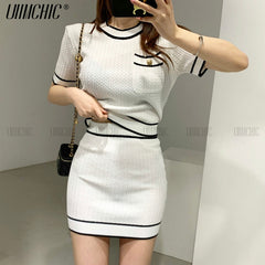 Buttons O-Neck Short-Sleeve Knitting Shirt+Mini Skirt 3-Piece Set Women&#39;s Sweater Cardigan Summer Fall 2021 New Korea Sweet Suit