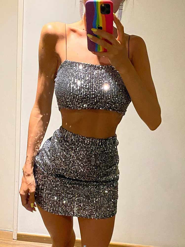 Skirt Two Piece Sets Womens Outifits Crop Top Black Mini Skirts Y2K Glitter Sequin Party Club Sexy Festival Clothing Female Suit