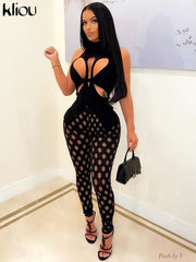 Kliou Ribbed Hollow Out Tops Women Sexy Solid Mock Neck Sleeveless Undefined Cleavage Skinny T-shirt Streetwear Female Vest