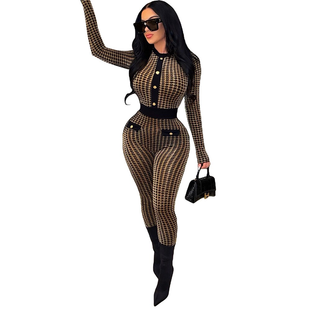 Gold Jacquard Houndstooth Long Sleeve Bodycon Jumpsuit