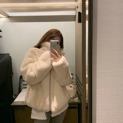 Women&#39;s Winter Jacket Fashion Solid Color Faux Fur Coat Korean Version Loose Simplicity Stand-up Collar Women&#39;s Clothing Coat