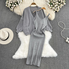 Elegant Slim Two Piece Sets Sweater Dress High Waist Knitted Ensemble Long Dress