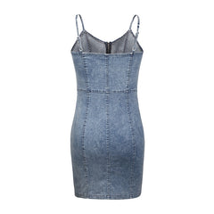 Women Spaghetti Strap Summer Short Denim Dress Ladies Casual V-neck Front Zipper Sexy Backless Skinny Bodycon Mini Jeans Dress