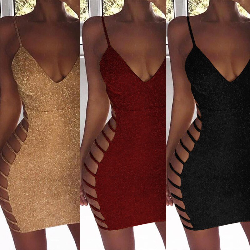 Women Sexy Hollow Out Bodycon Dress V Neck Sleeveless Bandage Stretchy Short Mini Dresses Evening Party Cocktail Clubwear