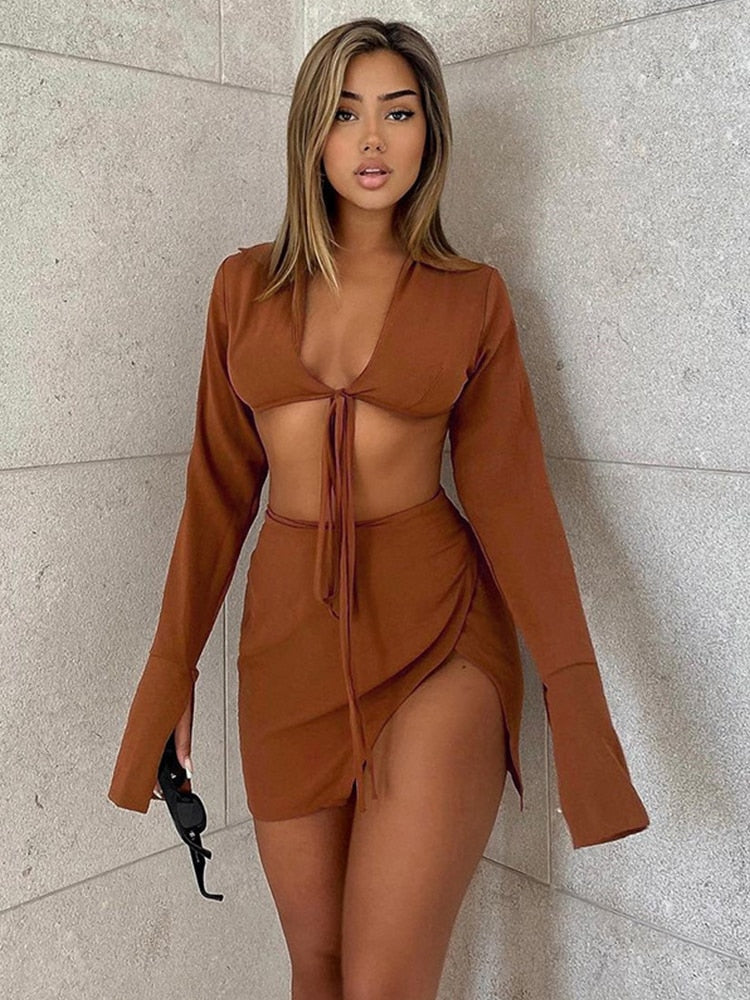 Cryptographic Brown Sexy Tie Front Top and Skirt Sets Women Fashion Outfits Fall Matching Set Split Skirt Club Party Clothes