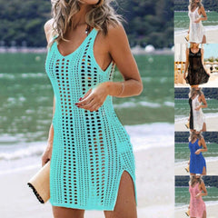 Cutout Beach Tank Top Sexy Bikini Outer Cover Up For Ladies Sleeveless V-Neck Mid Length Dress Knitted Beach Dress
