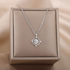 Goth Zircon Round Compass Necklace For Women Stainless Steel Gold Color North Star Pendants Necklaces Sailing Jewelry Gift