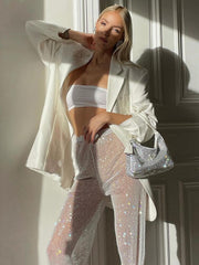 Articat Rhinestones Diamond Sexy Hollow Out Wide Leg Pants Women High Waist Transparent Casual Club Party Trousers Bottoms