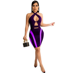 Sexy Backless Halter Bodycon Midi Dress 2022 Patchwork Hollow Cut Out Elegant Bandage Party Dress for Women Summer Club Outfits
