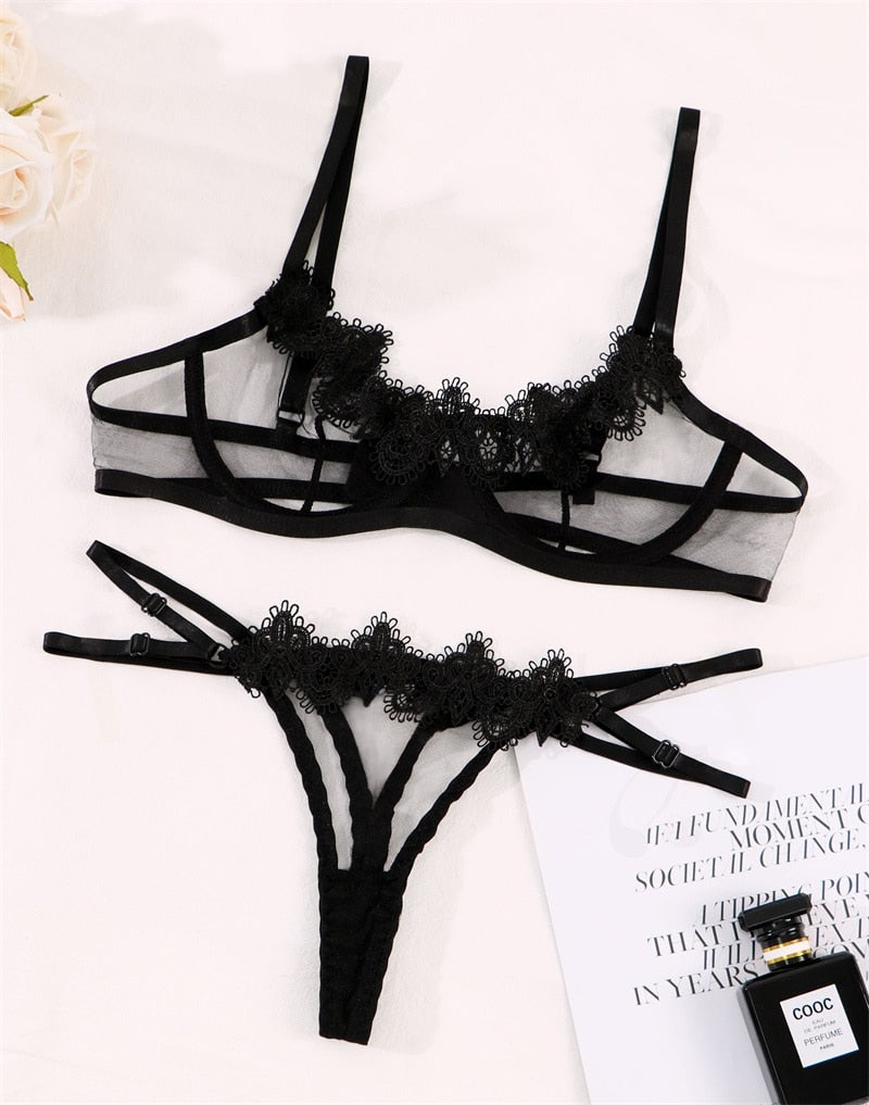 Ellolace Sensual Lingerie Woman Transparent Lace Exotic Costumes Sheer Porn Intimate 2-Piece Underwire Bra Thongs Sexy Outfit
