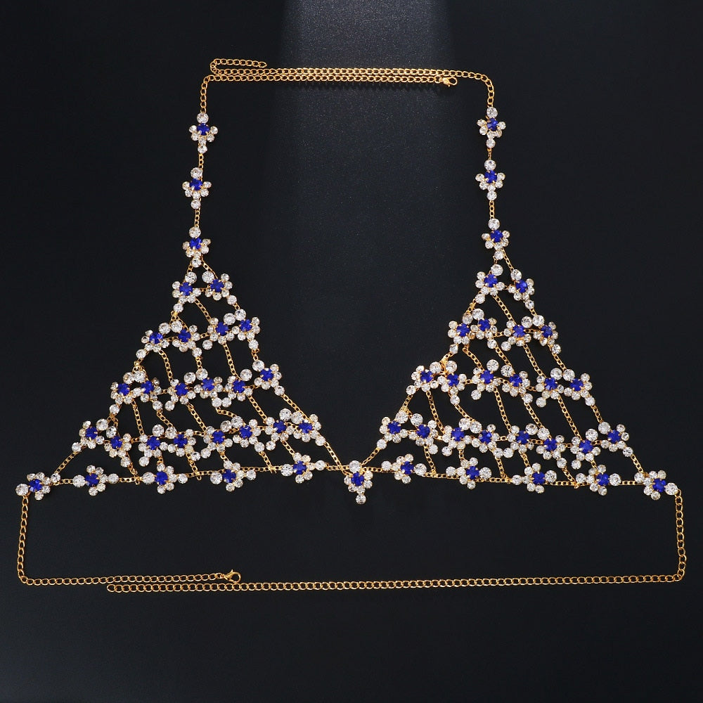 Stonefans Hollow Blue Crystal Body Chain Lingerie Clothing Women Summer Beach Rhinestone Bikinis Bra Harness Festival Jewelry