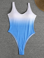 White Blue Gradient Crinkle High Cut Thong Swimsuit One Piece