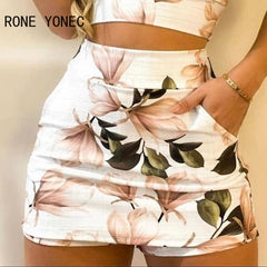 Women Sexy Chic Cami Sleeveless All Over Print Floral Pattern Summer Bodycon Mini Skirt Short Sets