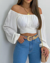 Autumn Women Daisy Print Crossed Tied Back Crop Top 2021 Femme Casual Off Shoulder Ruched Lantern Sleeve Blouse y2k Lady Outfits