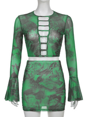 Articat Mesh Tie-dye Hollow Out O-neck Top Wrap Short Skirt 2 Pieces Set Women Printing Petal Long Sleeve Skirt Suit Streetwear