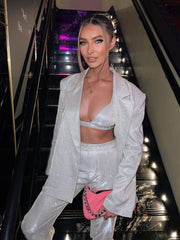 Tossy Glitter Silver Party Two Piece Pants Set Women Club Night Outfits Fashion Sparkly Blazer Matching Sets Femme Tracksuit