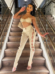 Two Piece Set Women Hollow Out Tracksuits Sexy Halter Backless Cropped Camisole+High Waist See Through Pencil Pants Outfits 2022